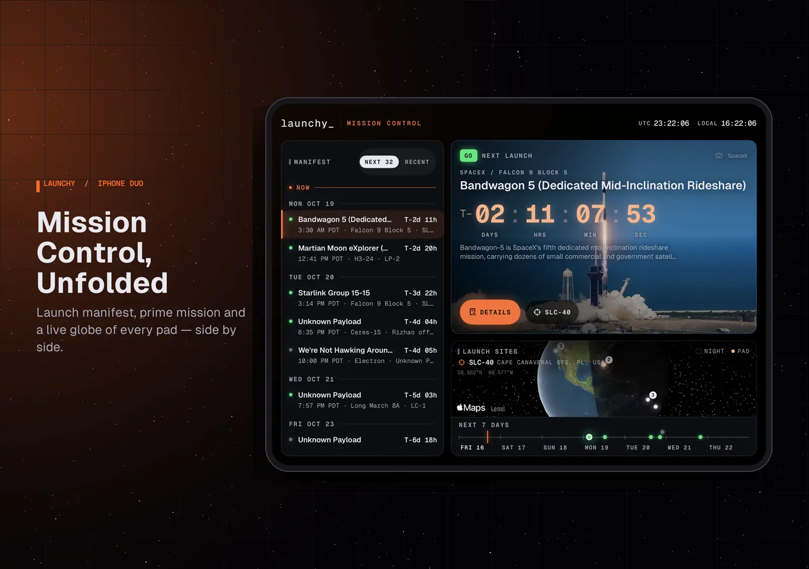 Launchy on iPhone Duo: launch manifest beside the prime mission and a live globe of upcoming pads.