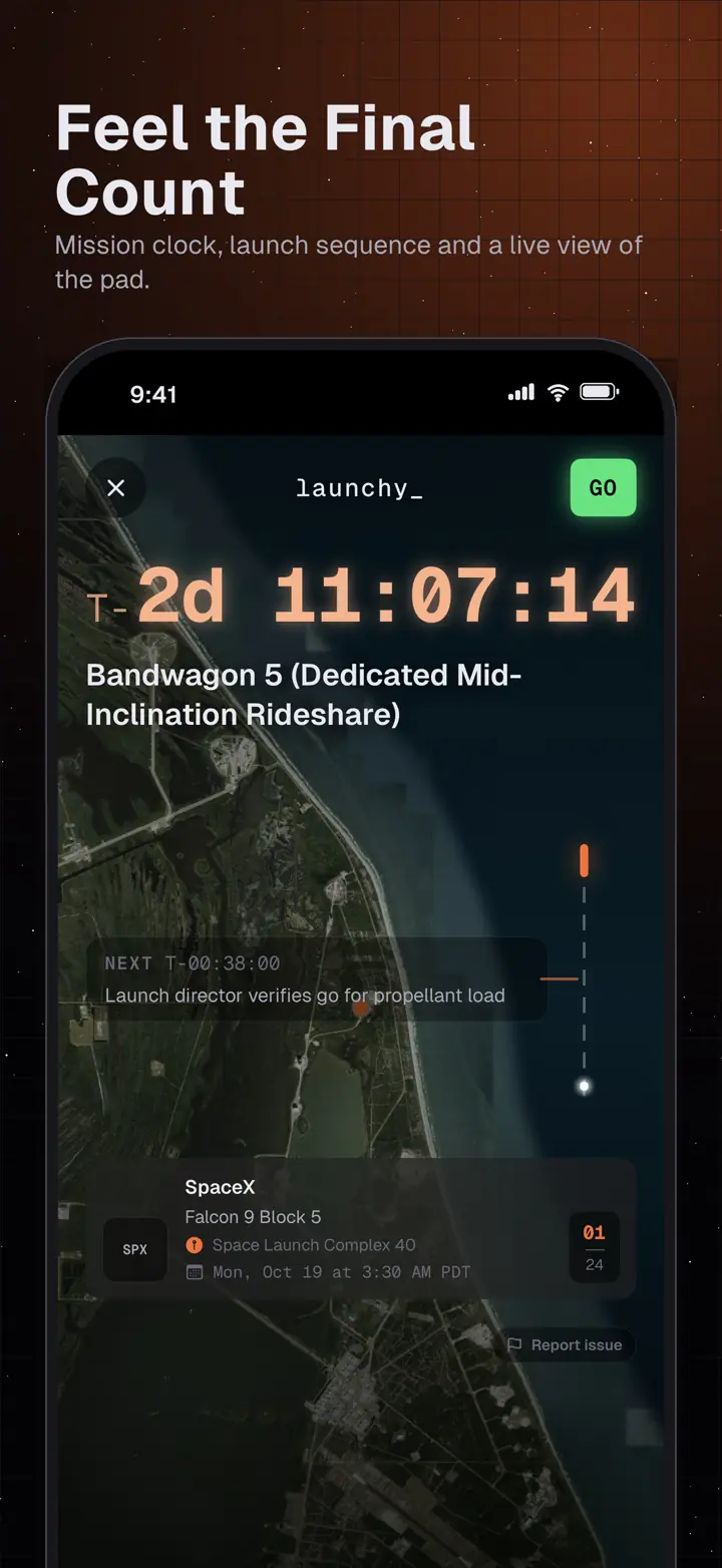 Launchy live launch console with mission clock, launch sequence, and a satellite view of the pad.