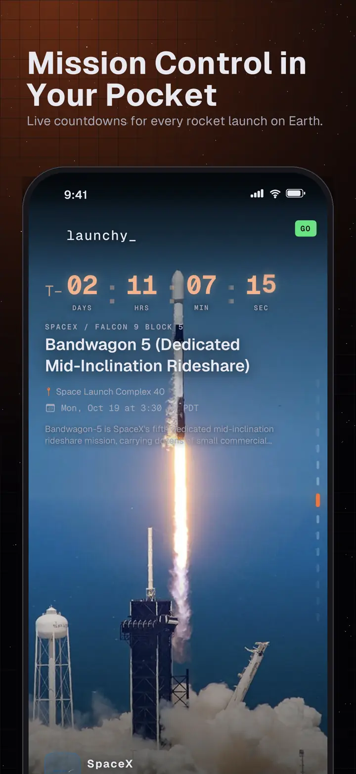 Launchy feed with a live T-minus countdown over a Falcon 9 liftoff at the pad.